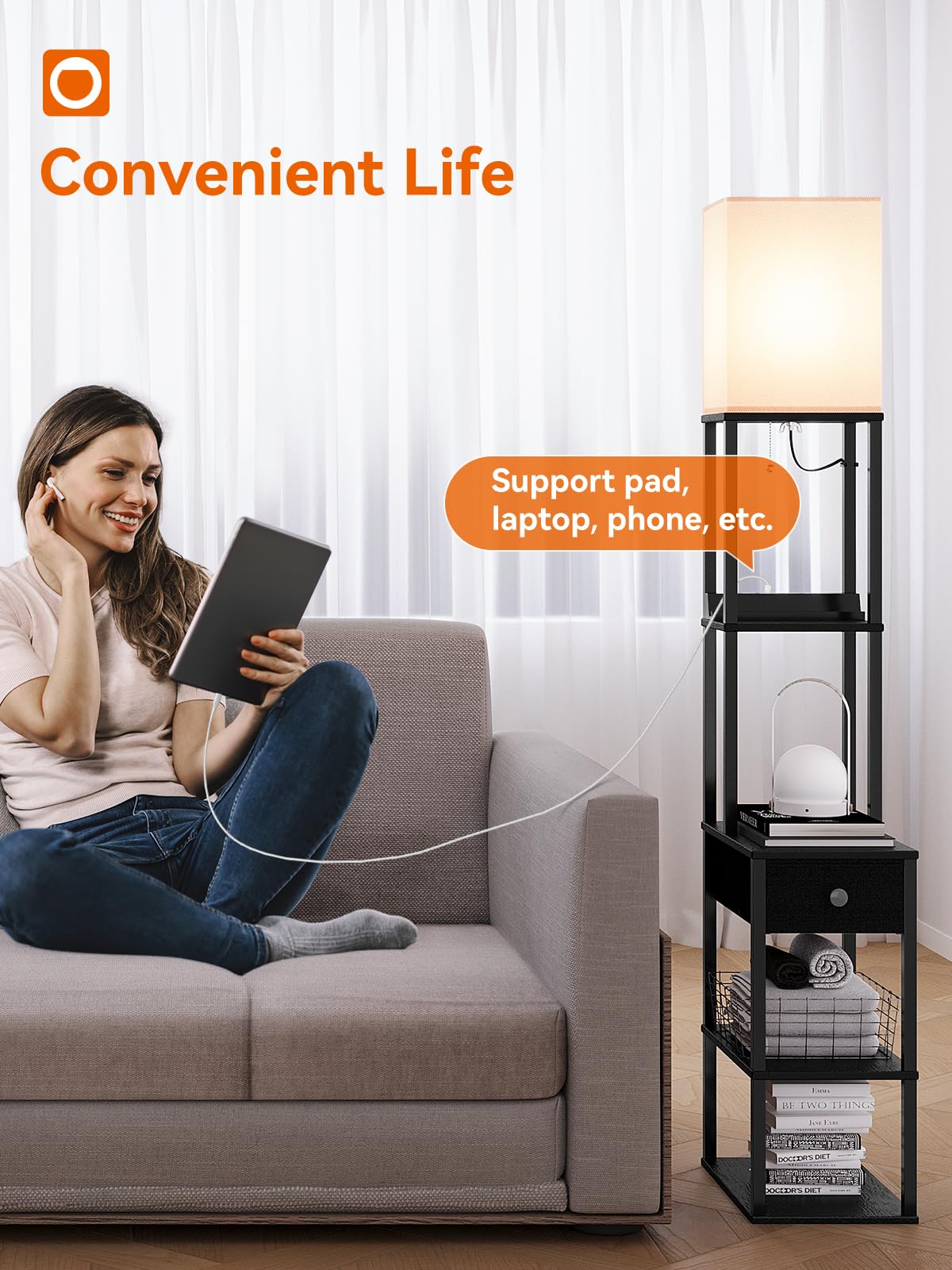 addlon Floor lamp with 2 USB, 1 Outlet and Drawer, 3 Color Temperatures LED Bulb (9W), Sofa lamp with White lampshade, Display Floor lamp with Shelves for Living Room, Bedroom and Office - Black