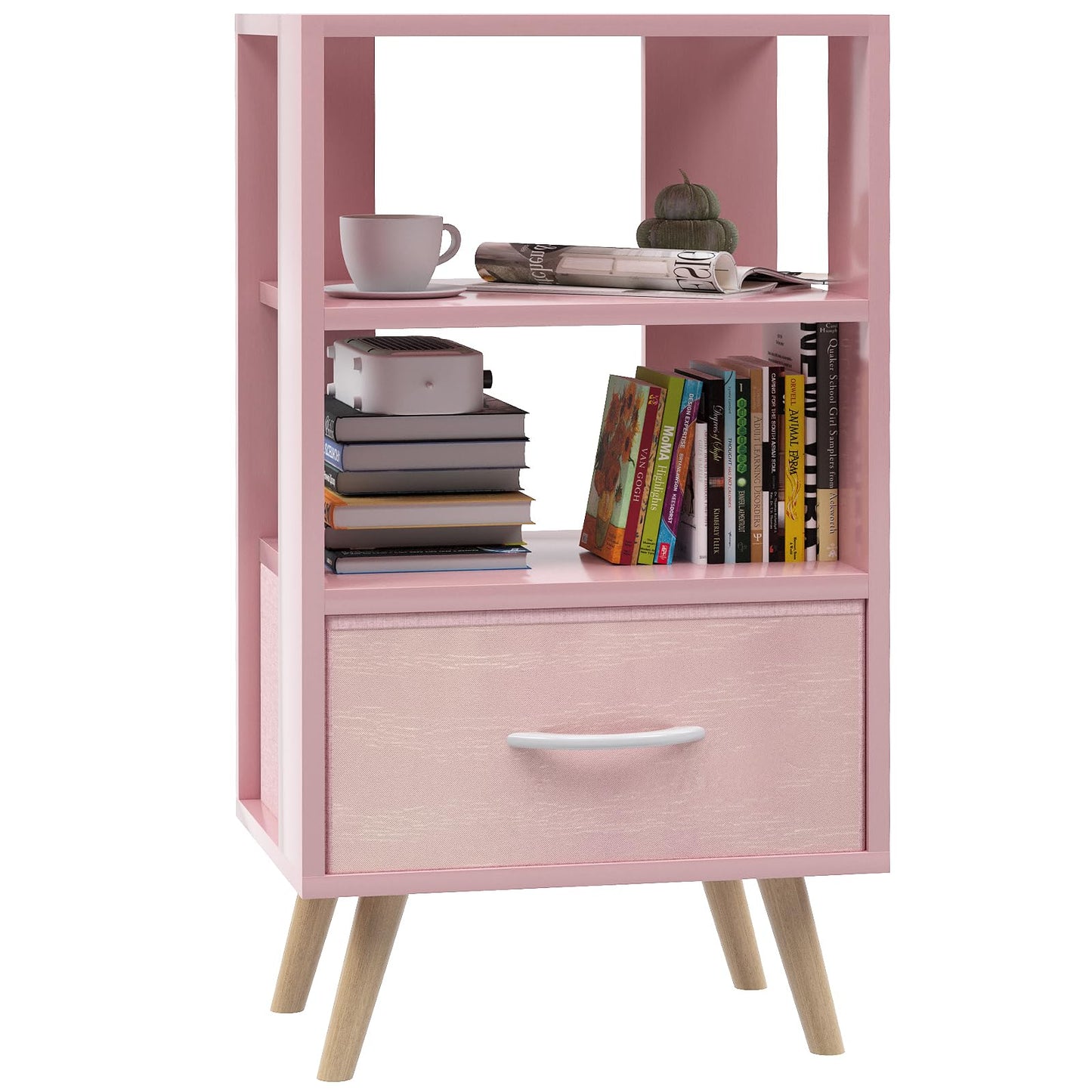 Aenuert Night Stand, Pink Kids Nightstand with Drawer, Nursery Side Table with Open Storage, 3-Tier Modern End Table, Bedside Table for Small Space, Living Room, Bedroom