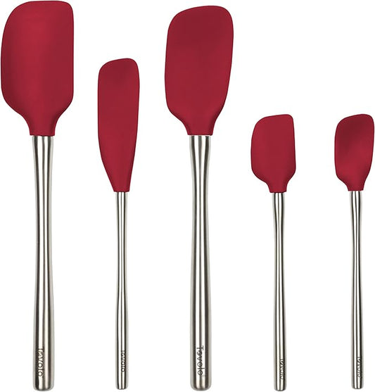 Tovolo Stainless Steel Handled Silicone Spatula Set of 5 Cayenne Red, Dishwasher Safe Kitchen Spatula Set for Cooking Baking, Non Toxic BPA Free Silicone Spatula set with Metal Steel Handle