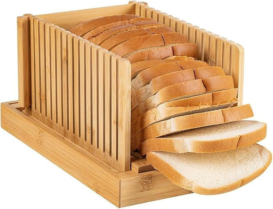 Bread Slicer For Homemade Bread, Adjustable Bamboo Bread Cutter Board, Foldable Slicing Guide With Crumb Tray, 3 Width Settings, 2 Slice Thicknesses, Artisan Loaves, Bagels, Cakes