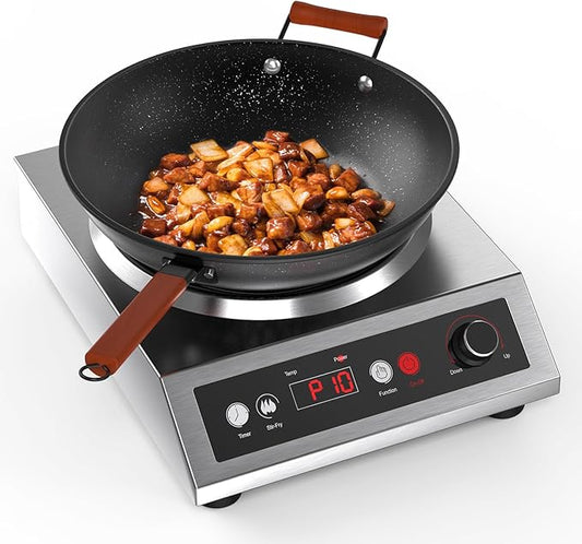 1800W Induction Wok,Stainless Steel Electric Wok Used For Home And Commercial,Temp From 140°F to 460°F,Concave Surface Dual Control 10 Power 24H Timer,14-inch Cast Iron Wok Included