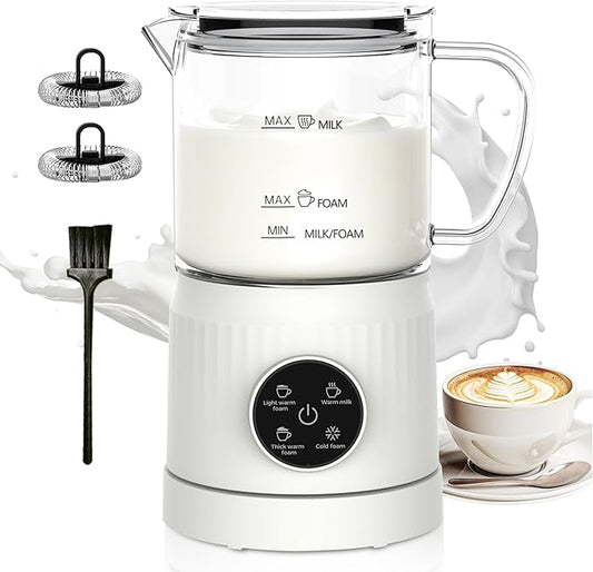 Casimhu 4-in-1 Milk Frother, Electric Milk Frother and Steamer with LED Touch Screen, Ceramic Lining Bottom, Milk Warmer 13.52oz for Lattes, Cappuccinos, and Macchiatos at Home, White