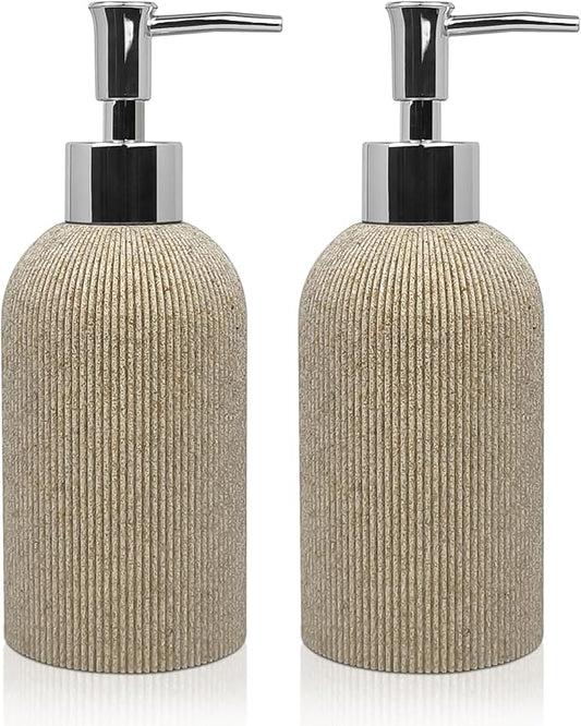 Hand Soap Dispenser for Bathroom and Kitchen Countertop, 10 oz Resin Soap and Lotion Dispensers Set with Plastic Rust Proof Pump, Boho Refillable Liquid Dish Soap Dispensers Bottle,Beige