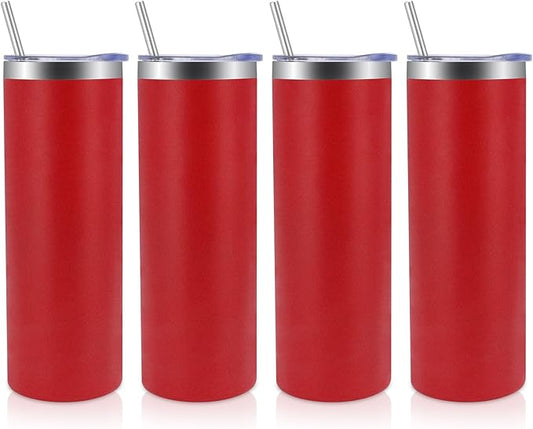 Volhoply 4 Pack Skinny Tumblers with Lid and Straw, 20oz Stainless Steel Straight Tumbler Bulk, Vacuum Insulated Coffee Mug for Home, Office, Travel, DIY (Red,4 Pack)