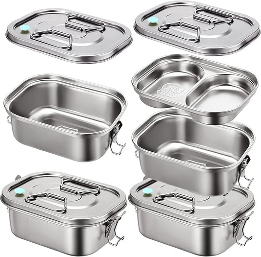 2 Pieces Metal Bento Box for Adults Metal Lunch Box Stainless Steel Bento Containers Leakproof Dual Tiers Lunch Container With Airtight Valve Handle Dishwasher Safe(Medium)
