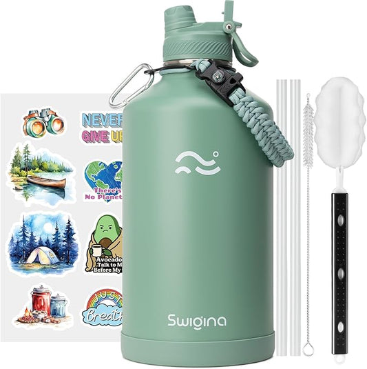 Swigina [2-IN-1 LID] Gallon Insulated Water Bottle with Silicone Boot (48hrs Cold/24hrs Hot) - DIY Stickers, Leakproof, BPA Free, 128 oz