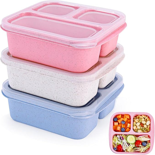 Rinwoc Bento Box [Portion Size], 3 Pack Snack Containers with 3 Compartments for Meal Prep & On-the-Go [School, Travel], Lunchable Container Reusable and BPA-Free