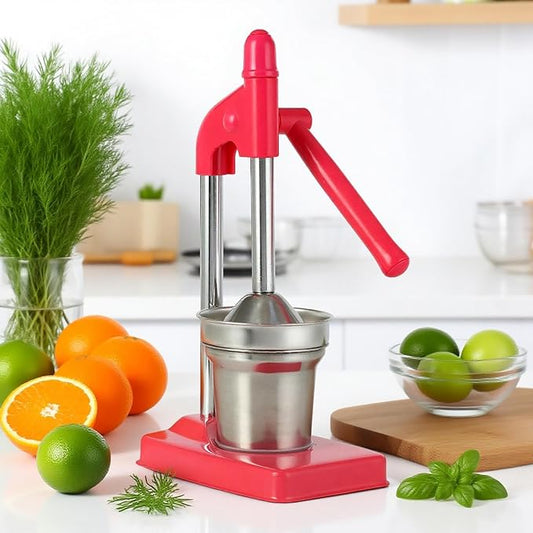 Stainless Steel Lemon Juicer, Heavy Duty Manual Orange Press Squeezer with Easy Clean Design, Handheld Citrus Juicer for Lime, Lemonade, Countertop Use (Red)