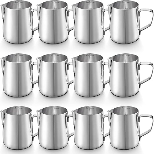 Honeydak 12 Pcs Milk Frothing Pitcher 304 Stainless Steel Steaming Pitchers for Coffee Bar Cappuccino Barista Tools Milk Jug Steamer Frother Cup (7 oz,Silver)