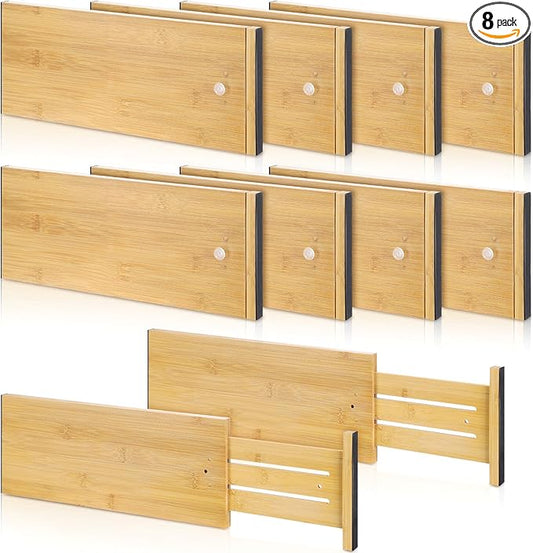 DoubleFill 8 Pcs Deep Bamboo Drawer Dividers, Deep Kitchen Dresser Drawer Organizer with Spring Loaded for Clothes, Adjustable Expandable from 15-22 Inch (Wood Color,6 Inch)
