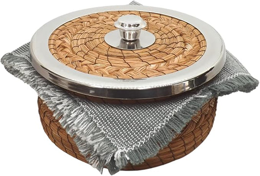 Authentic Mexican Tortilla Warmer Basket - Pine Needle Handwoven with Handloomed Cloth (8" metal Rim w cloth)