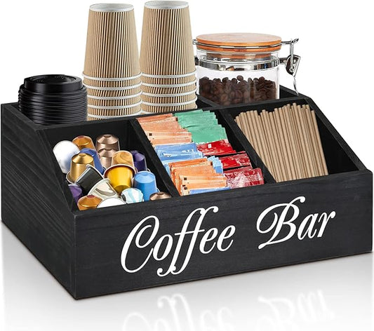ugiftt Coffee Station Organizer for Counter, Wood Coffee Pods Holder Storage Basket, Tea Condiment Storage Organizer, Rustic Coffee Bar Decor for Coffee Accessories Organizer