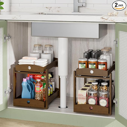 Bamboo Wood Under Sink Organizer 1 Pack, Pull Out Cabinet Organizer 2 Tier Under Sink Organizers and Storage w/Sliding Drawer Sturdy Easy Assembly for Kitchen Bathroom Undersink (Walnut, 2 Packs)