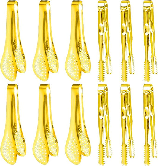 12-Piece Mini Tongs - 5-Inch Stainless Steel Salad Tongs, Small Tongs for Serving Food, Mini Serving Utensils for Appetizers, Party, Coffee, Desserts (Gold)