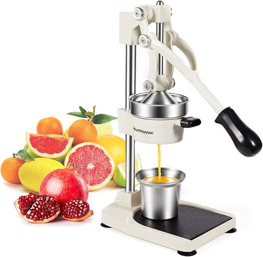 Cast Iron Juicer, 17"Tall & Sturdy Flat Base | Heavy-Duty Manual Hand Press Juicer For Orange Lemon Lime Pomegranate & Citrus, Orange Squeezer, Stainless Steel Cup, Easy to Clean, White