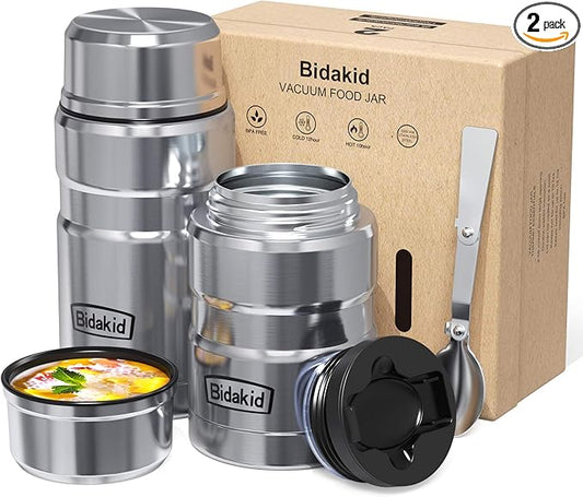 Insulated Food Jar Set – 25.4oz & 17oz Stainless Steel Containers with Folding Spoon and Carrying Bags – Leak-Proof, Keeps Food Hot or Cold for up to 12 Hours – Ideal for Work, School, Travel