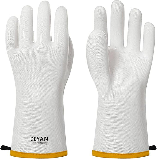 DEYAN Silicone BBQ Gloves - 600°F Heat Resistant Oven Mitts for Grilling, Smoking & Baking - Waterproof, Oil Proof Non-Slip Kitchen Gloves for Cooking, Frying, BBQ Accessories(White, 9/L)