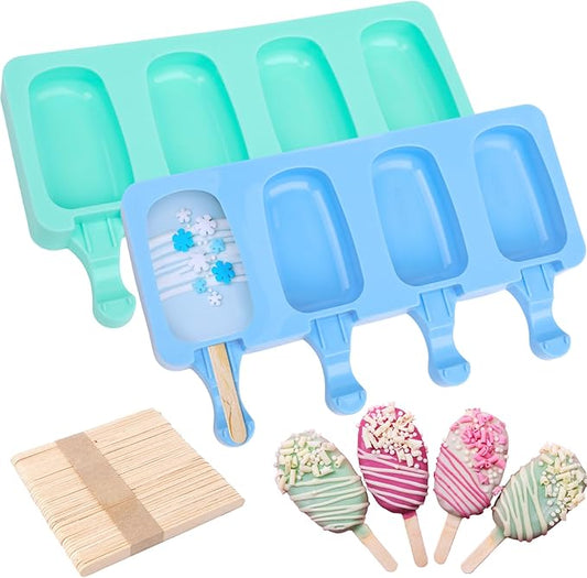SAYAYA 2 Set Silicone Popsicle Molds with 100 Sticks, Reusable 4 Cavities Homemade Cake Pop & Cakesicle Mold for DIY Ice Cream, Ice Pop, Easy Release & Dishwasher Safe for Kids Family (Blue & Green)