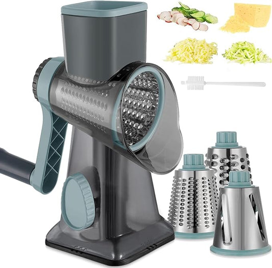 Cheese Grater Hand Crank Rotary Vegetables Shredder with Handle, 3-in-1 Graters with Interchangeable Blades and Strong Suction Base Multifunctional Slicer for Kitchen