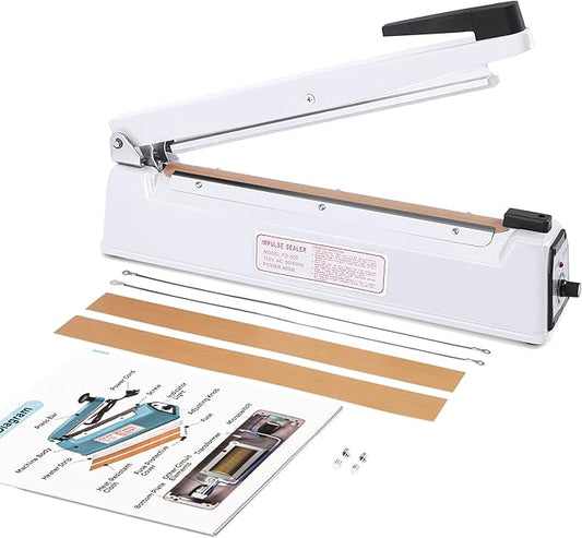 METRONIC Impulse Sealer 12 Inch, Heat Sealer Machine with Repair Kit, Manual Bag Sealer, Heavy Duty Impulse Heat Sealer for Plastic Bags, Shrink Wrap Bags (White)