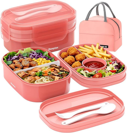 2 Layers Bento Box, All-in-One Stackable Lunch Container with Compartments, 64oz Leakproof Microwave Safe Dishwasher Safe Bento Box with Lunch Bag and Utensil Set for Kids and Adults