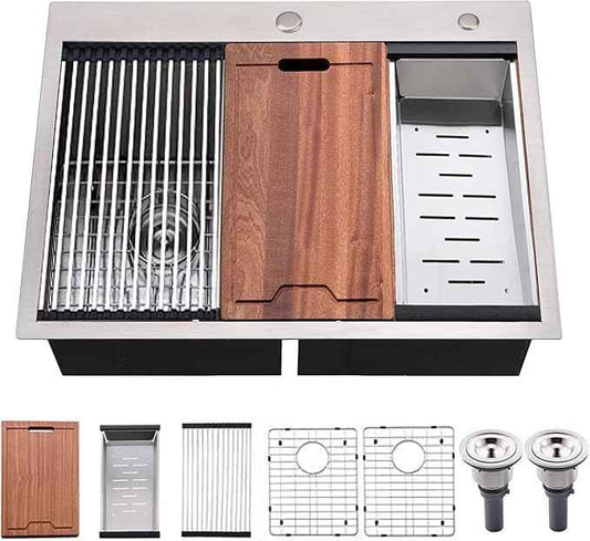 33 Inch Double Bowl Drop In Kitchen Sink Workstation - VOKIM 33 x 22 Inch Stainless Steel sink 16 Gauge Stainless Steel Drop In Kitchen Sink 10 Inch Deep 50/50 Double Bowl Sink