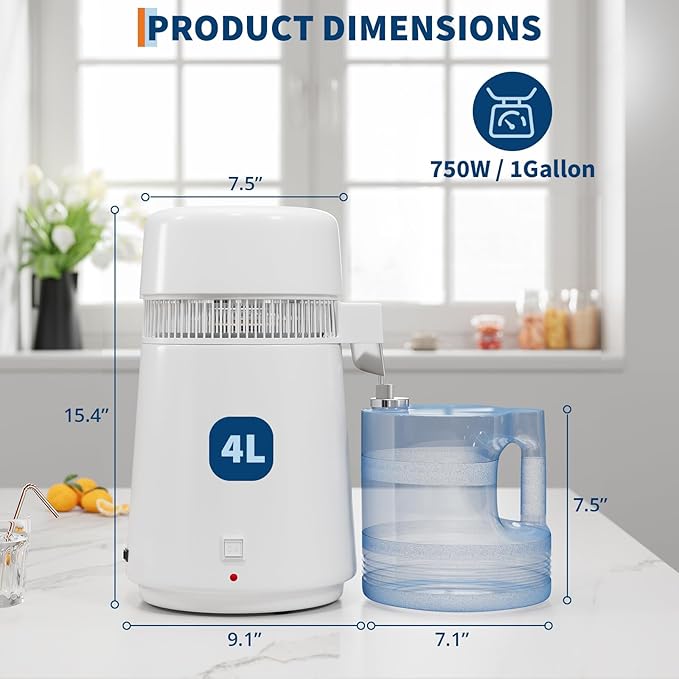 GarveeHome Water Distillers for Home Countertop, 1 gal/4 L Stainless Steel Distilled Water Machine with Glass Container, 750W Desktop Drinking Purifier Filter Distilling Kit
