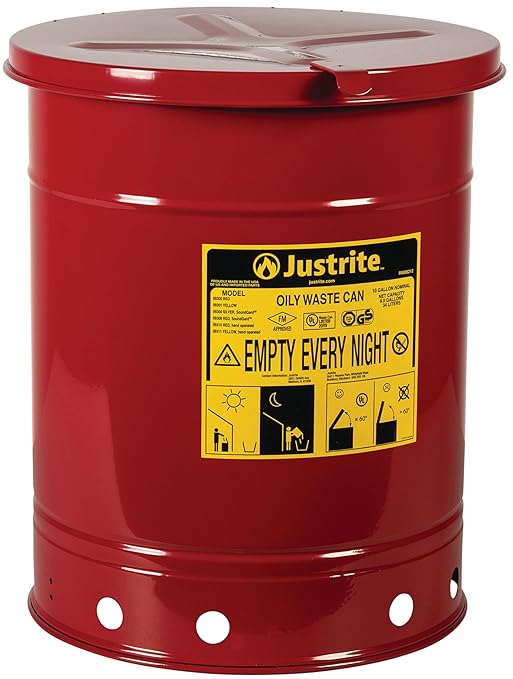 Justrite 10 Gallon Galvanized Steel Oily Waste Can, 18" x 14" Metal Oil Rag Safety Can with Hand Operated Self-Closing Lid for Oil Rag Disposal, Made in The USA, Red, 09310
