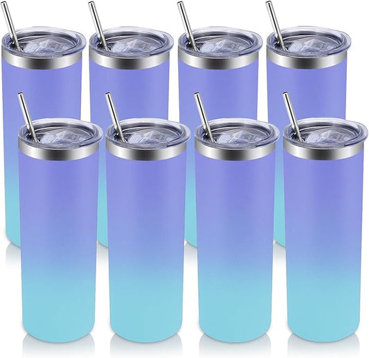 Volhoply 8 Pack Skinny Tumblers with Lid and Straw, 20oz Stainless Steel Straight Tumbler Bulk, Vacuum Insulated Coffee Mug for Home, Office, Travel, DIY (Purple Bule,8 Pack)