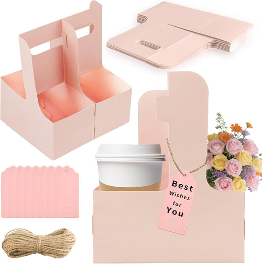2 Cup Drink Carrier,8 Pack Coffee Cup Holders with Handle,Cardboard Cup Holders for Hot or Cold Drinks,Coffee Carrier with Ribbon and Card,Food Delivery Services and Bouquet(Pink)