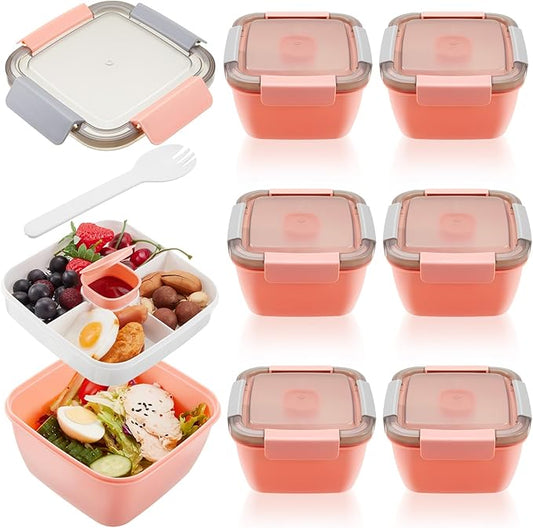 Tessco for you 6 Pcs Salad Lunch Container 50 oz Salad Container with 3 Compartment Reusable Bento Box for Adults Stackable Lunch Bowl for Meal Snack Fruit(Pink)