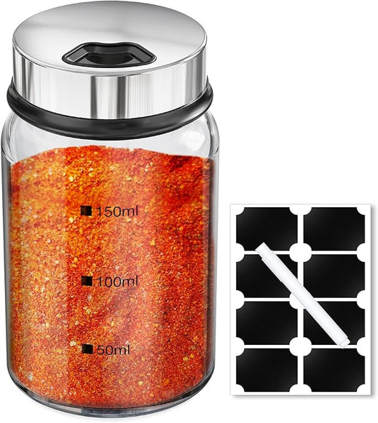 Segarty 5oz Glass Spice Jar with Shaker Lids Scale Lines, 1pc Clear Empty Seasoning Bottle for Condiments, 150ml Large Spice Container with 8 Blank Labels, 1 Chalk Pen for Herbs Organization Cabinet