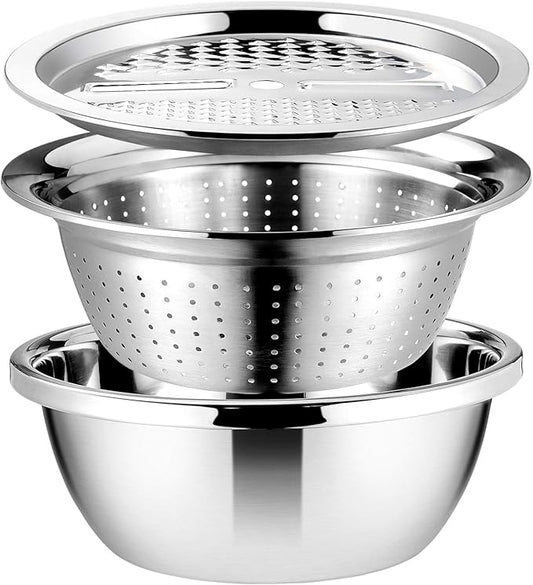 Cabilock Graters for Kitchen Handheld Stainless Steel Drain Basket Vegetable Cutter 3 In 1 Kitchen Multipurpose Grater Salad Bowl For Home (Silver) Colanders & Food Strainers