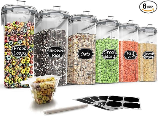Wildone Cereal Storage Containers Set, Large BPA Free Plastic Airtight Food Storage Containers 4L /135.3oz for Flour, Sugar, 6 Piece Set Cereal Dispensers with 20 Labels & Marker, Grey