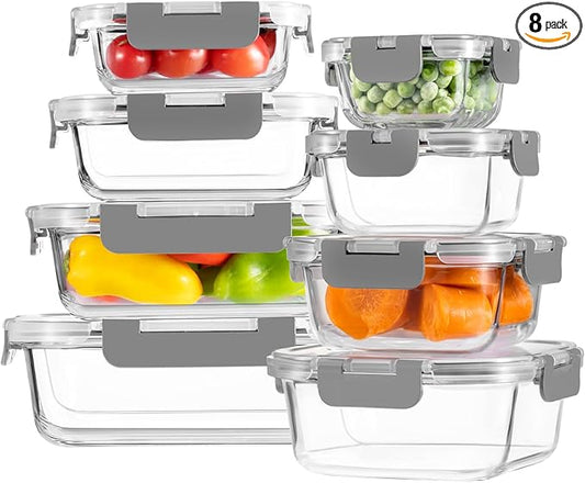 HOMBERKING 8 Pack Glass Food Storage Containers with Lids, Meal Prep Containers, Airtight Bento Boxes with Leak Proof Locking for Microwave, Oven, Freezer and Dishwasher, BPA Free, 5-35oz