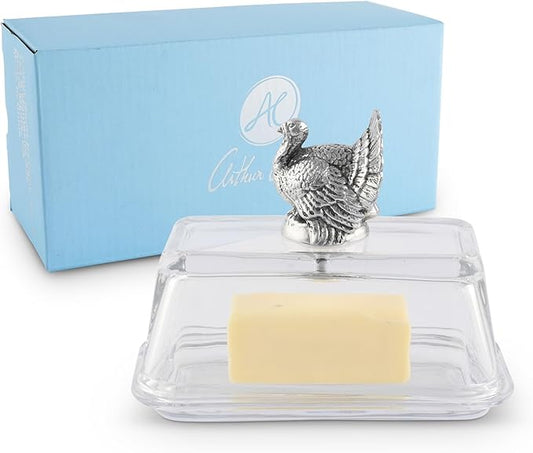 Arthur Court Glass Butter Dish with Lid Turkey Knob | Classic 2-Piece Design Covered Butter Keeper | Covers and Holds a Standard Stick of Butter | Thanksgiving Table