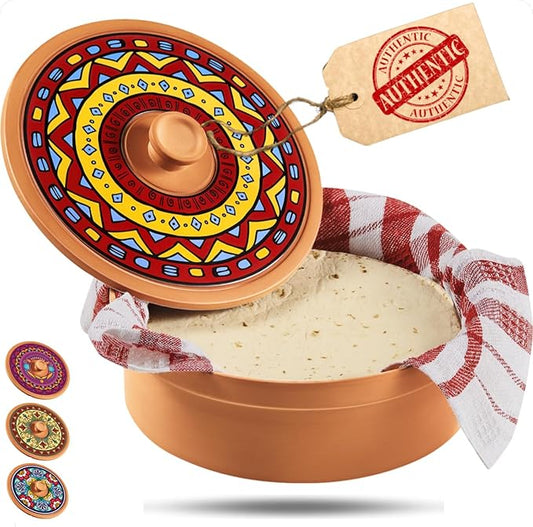 Mexican Terracotta Tortilla Warmer for Thanksgiving | Authentic Terra Cotta Tortilla Holder with Warmer Cloth | Natural Clay Tortillero Keeps 8" Tortillas Warm | Bread Warmer for Fall Dinner Party
