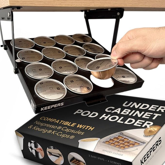 KEEPERS Nespresso® Vertuo® Pod Holder|Under Cabinet Swing Down Coffee Pod Organizer|Keurig® Coffee Pod Holder|K Cup Holder Storage Organizer|Magnet Steel RV Office Small Kitchen 10x9in BLACK