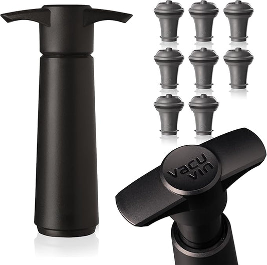 Vacu Vin Wine Saver Pump Black with 8 Vacuum Stopper Grey - Airtight Seal for Opened Bottles to Preserve the Freshness Up to 10 Days - Easy to Use Perfect for Every Occasion