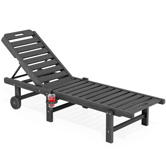 SERWALL Patio Chaise Lounge, HDPE Outdoor Lounge Chair with Cup Holder, 5 Positions Adjustable Poly Lounge Chair with Rolling Wheels for Poolside, Deck, Sunbathing, Grey