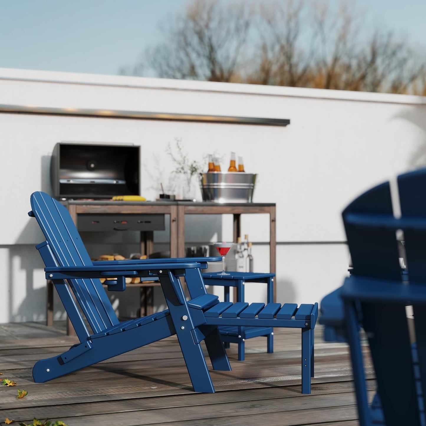 GREENVINES Adjustable Adirondack Chair with Retractable Ottoman Set of 2 | Folding | HDPE Plastic | Fire Pit Chairs w/Foot Rest | 2 Cup Holders | Blue | for Outdoor Patio Poolside Deck