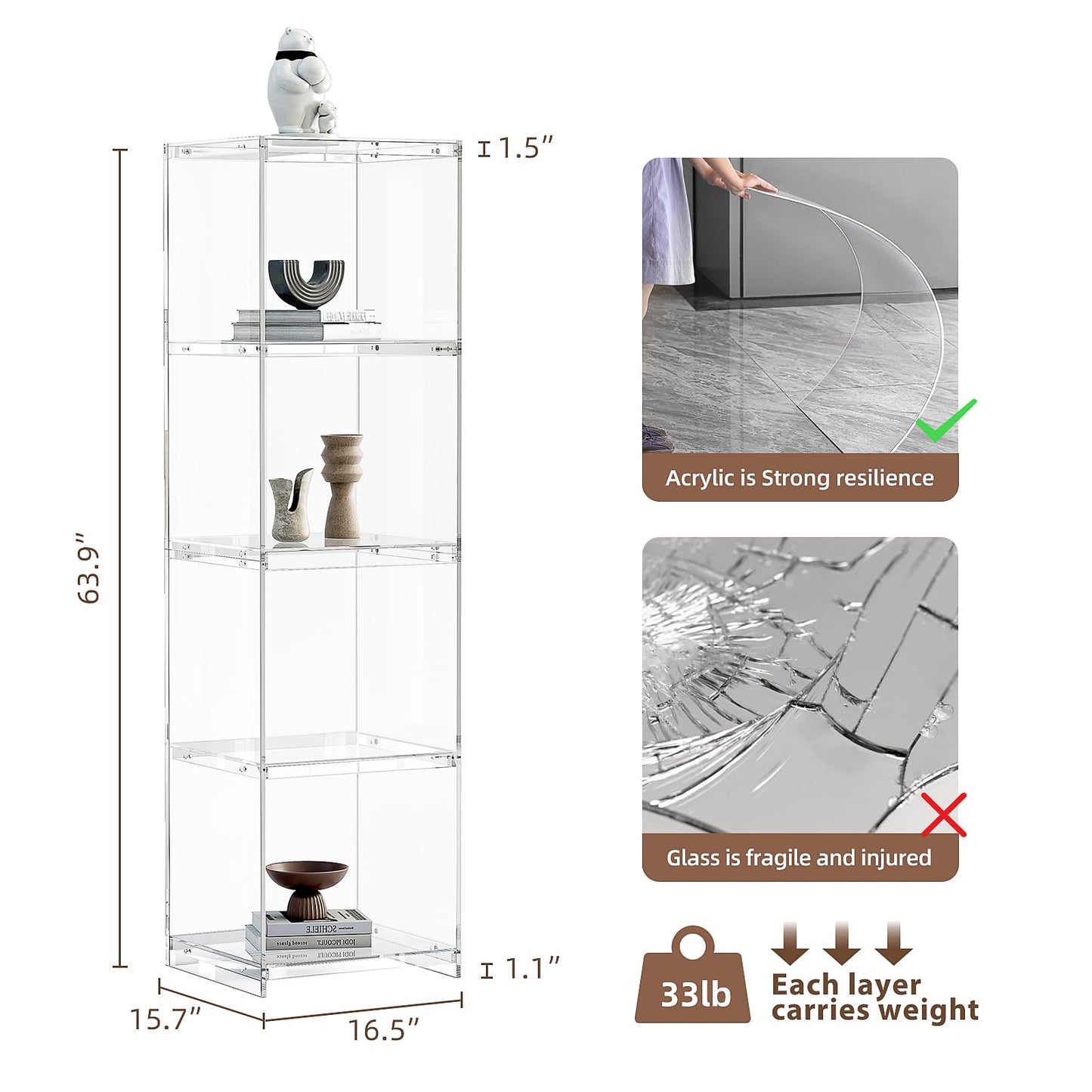 Acrylic Display Cabinet, 4-Tier Display Case in Bedroom, Living Room, Playroom, Modern Style (16" D x 16" W x 62" H)