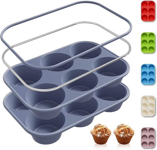 Socisen 2 Pack 6 Cups Silicone Jumbo Muffin Pan with Metal Reinforced Frame Silicone Molds for Baking Cupcake Cake Baking Pans Muffin Tin Tart Pans Baking Set for Easter Christmas holiday Cookie Tin