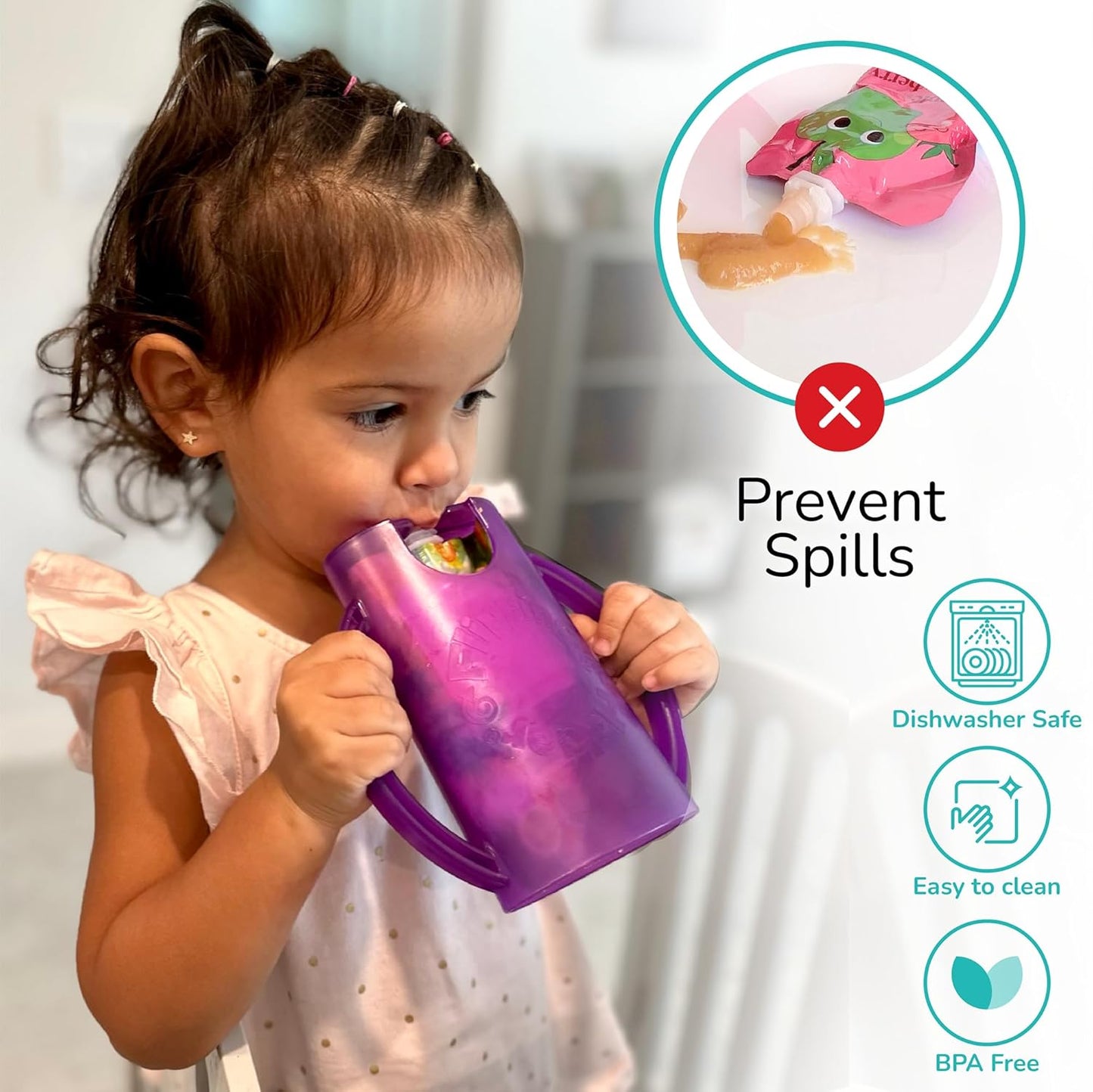 2-in-1 Baby Food Pouch & Juice Box Holder (2-pack) - No-Squeeze, Food-Safe Container with easy-grab Handles & Lid Fits GoGo, Capri Sun, Juice, Yogurt, & More