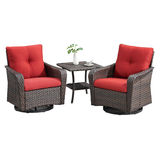 Rilyson Outdoor Patio Swivel Rocker Chairs - 3 PC Wicker Patio Bistro Sets with High Back,Thick Comfy Cushions, Deep Seating and Side Table for Porch Deck Backyard Garden(Brown/Red)
