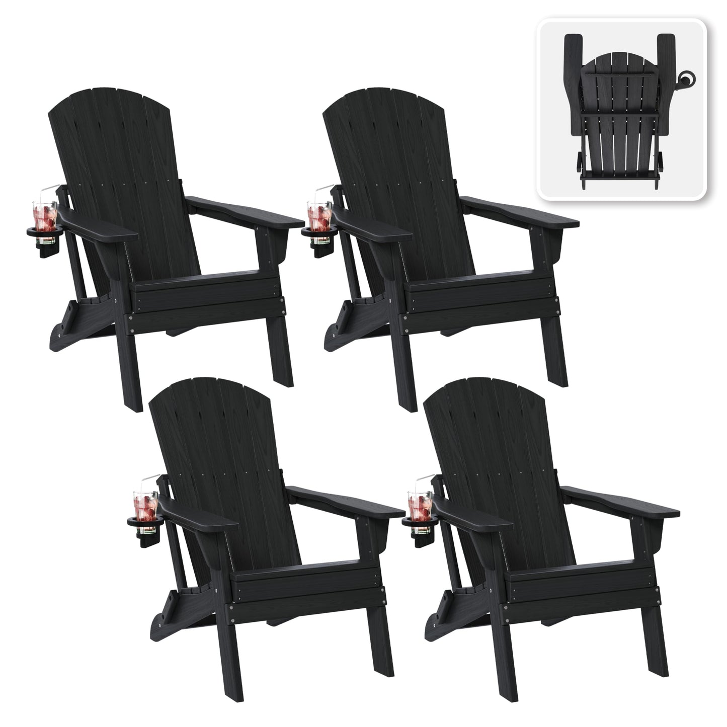 Folding Adirondack Chair Set of 4 with Cup Holder, HDPE All Weather Resistant Plastic Outdoor Patio Chairs, Heavy Duty Fire Pit Seating for Backyard Lawn Garden, Wooden Textured Design(Black)