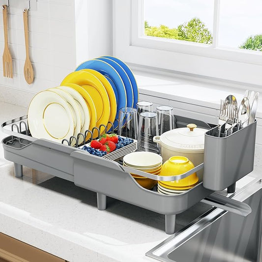 Urackify Expandable Dish Rack for Kitchen Counter, 16.14"-23.62" Large Stainless Steel Dish Drying Rack with Adjustable Water Spout, Space Saving Dish Drainer with Auto Draining Cutlery Holder,Grey