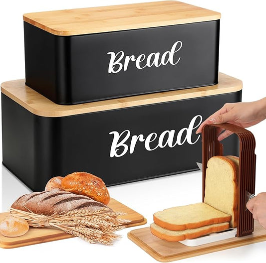 Teenyyou 2 Pcs Extra Large Bread Box with Slicer, Metal Farmhouse Bread Storage Container with Bamboo Cutting Board Lids Multi-size Breadbox Set for Kitchen Countertop(Black)