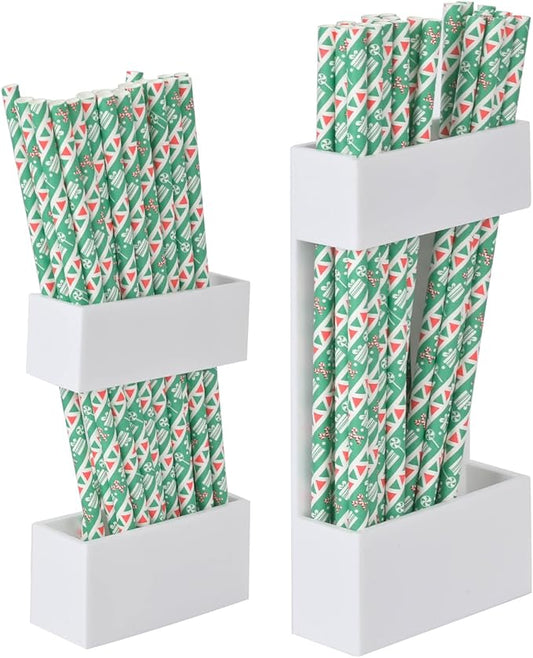 2 PACK Acrylic Straw Holder for Cabinet Doors, Reusable Straw Organizer with Ultra-Sticky Adhesive, Small Kitchen Accessories Container, Fits Both Short & Long Straws (White)