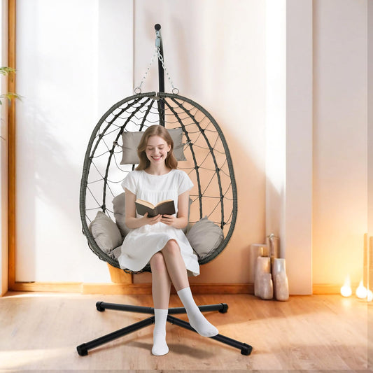 Hanging Egg Chair with Stand Egg Chair Indoor Outdoor, Patio Swing Hammock Egg Chairs, UV Resistant Removable & Washable Thicken Padded Cushions, 350LBS Capacity for Bedroom, Balcony, Garden, Grey